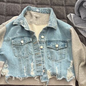 Tractr Light Blue Distressed Denim Jacket with Gray Sleeves